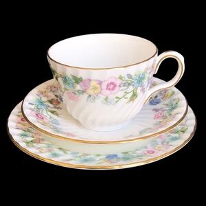 Aynsley Wild Tudor TeaCup & Saucer Floral Gold Trim 3 Piece Set